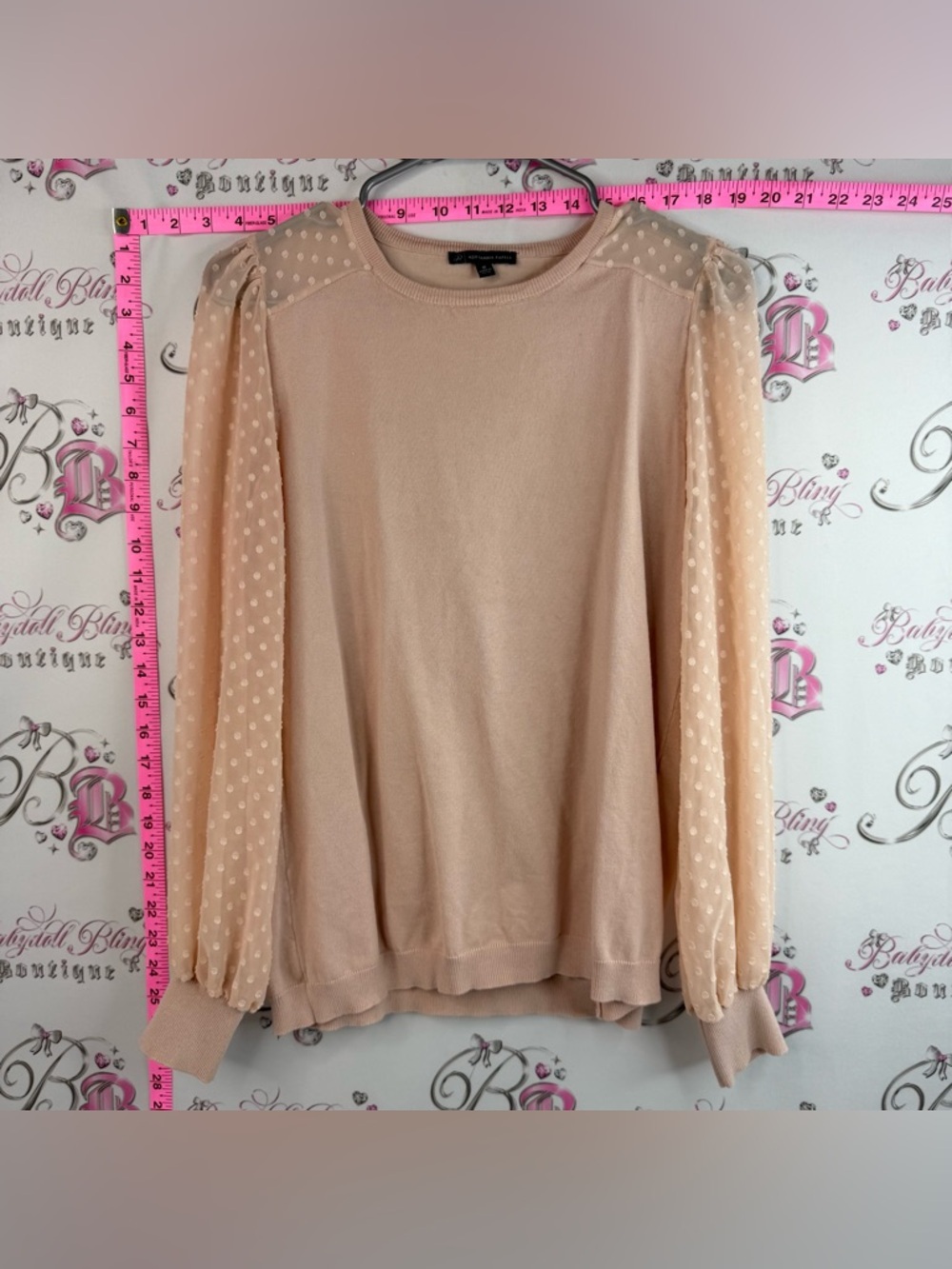 Adrianna Papell sweater polka dot arms Blush Pink Dot Mesh Sleeve Pullover
